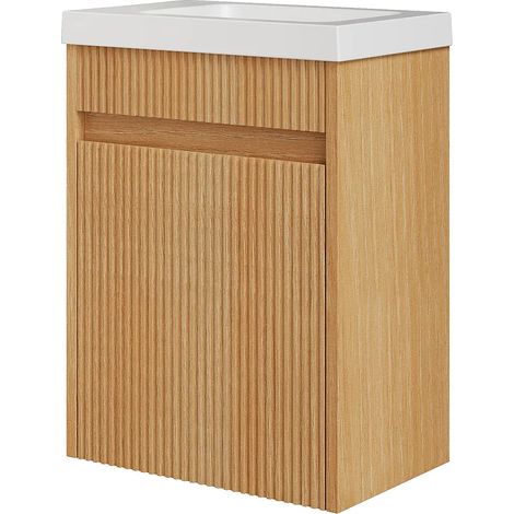Mobile lavabo sospeso scanalato in legno di frassino con lavabo in resina bianco opaco Naturale chiaro 40 x 25.5 x 54 cm - DROVI (1/5)