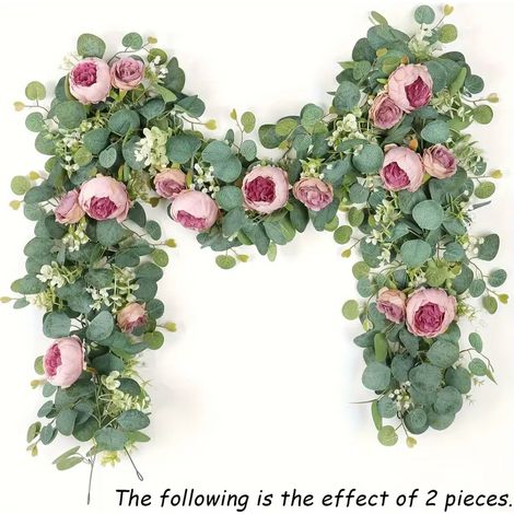 Guirlande de 2 fleurs artificielles, guirlande de feuilles d'eucalyptus, fleurs artificielles vintage, pivoines et roses, verte, décoration murale-AquaForge (1/5)