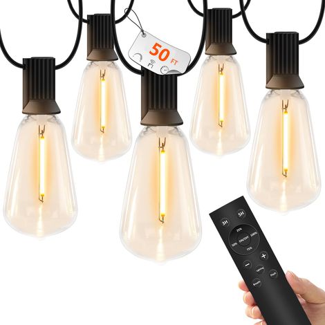 Lumières à cordes extérieures de 50 pieds, ampoules LED ST38 imperméables, dimmable et minuterie, 3 modes lumineux, lumières suspendues pour patio (1/5)