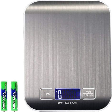 Balance De Cuisine - 5 kg / 1 g - Acier Inoxydable - Affichage LCD Rétroéclairé Bleu - Fonction Tare - Mémoire D'Unité - Alimentation Piles (1/5)