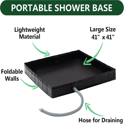 Receveur de douche portable, base de douche pliable 41 po x 41 po x 5 po avec tuyau de vidange amovible, idéal pour les VR, l'extérieur et les cabines de douche intérieures. (1/3)