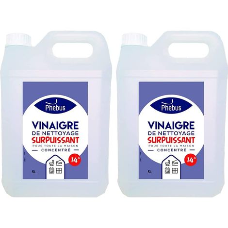 DSTOCK60 - LOT DE 2 BIDONS DE 5 LITRE DE VINAIGRE BLANC NATUREL CONCENTRE 14 Degrès (PHEBUS produit d'origine garantie) DEGRAISSE. DETARTRE. DESHERBE - MAISON et JARDINAGE