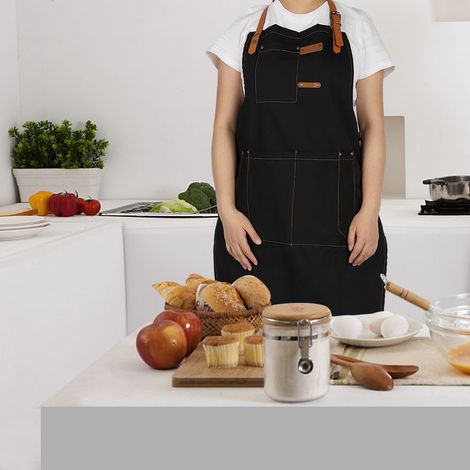 Modische ärmellose Schürze, verstellbar, wasserdicht, ölabweisend, für Küche, Kochen, Backen und Gastronomie (Schwarz) (1/5)