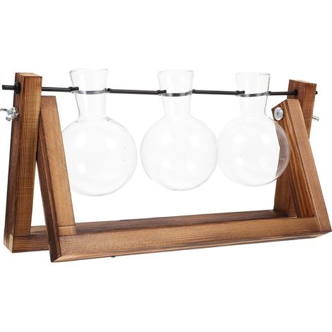 Vase en Verre Support en Bois pour Décoration de Bureau et Maison, Pot de Fleurs Hydroponique Élégant aux Coins Arrondis, Style Simple et Créatif (1/5)