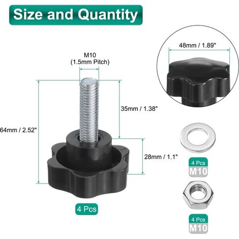 4 vis à tête étoilée M10 x 35 mm avec écrous et rondelles, vis moletée à tête étoilée, acier au carbone galvanisé, écrou à tête étoilée de 48 mm, levier de serrage pour équipement de machine (1/4)