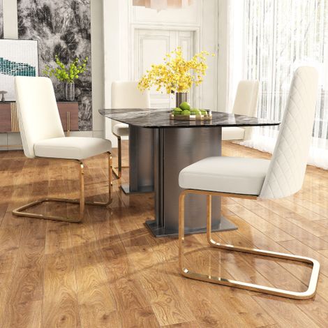 Set di 4 sedie da pranzo in velluto, lussuose, per soggiorno, camera da letto, poltrona relax, schienale a rombi, gambe di supporto in metallo color oro, beige [VECCHIO CODICE ARTICOLO: WF317940AAB-4] (1/5)