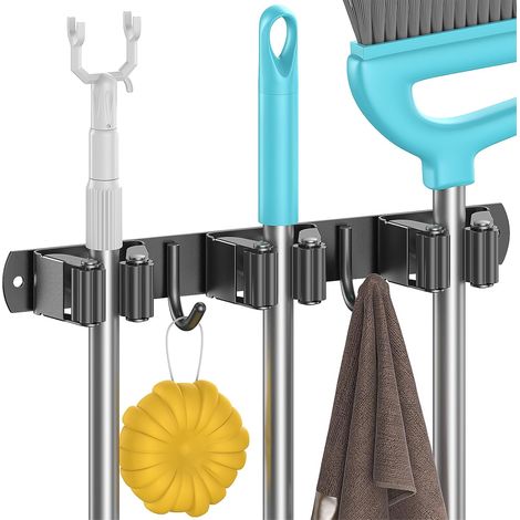 1 - Support Balais Mural - Range Outils Jardin - 3 Clips Rouleaux Et 2 Crochets - Fixation Adhésive Ou À Vis - Pour Garage Buanderie Extérieur - Noir - 32x5x4cm