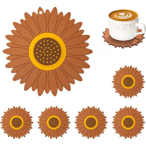 Sous-verre - Forme Tournesol - 10 cm - En Silicone Souple - Protection Table - Lot de 6 (1/5)