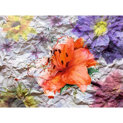 papier peint panoramique fleurs orange, violet et jaune  - Sanders & Sanders