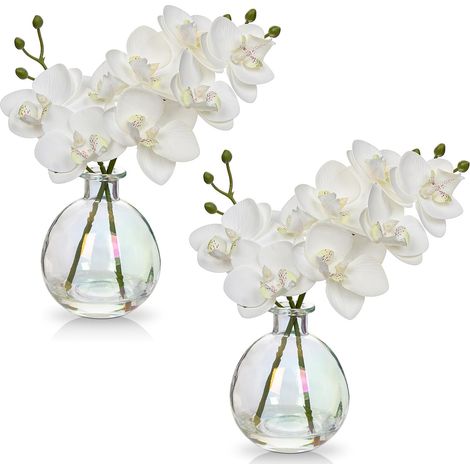 Lot de 2 orchidées artificielles, fleurs phalaenopsis en soie, vase en verre, décoration intérieur mariage bureau (1/4)