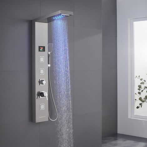 Panneau de douche LED avec robinet, panneau de douche 5 fonctions avec affichage de la température LED, douche pluie et cascade, 3 buses de massage, douchette à main et bec de baignoire (1/5)