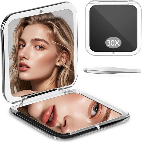 Miroir de poche grossissant 1X/30X sans tain, interrupteur magnétique, pliable, portable, noir