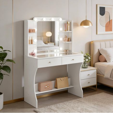 Tocador con espejo LED, 80x135x40 cm, con almacenamiento, cristal templado, MDF blanco (1/5)