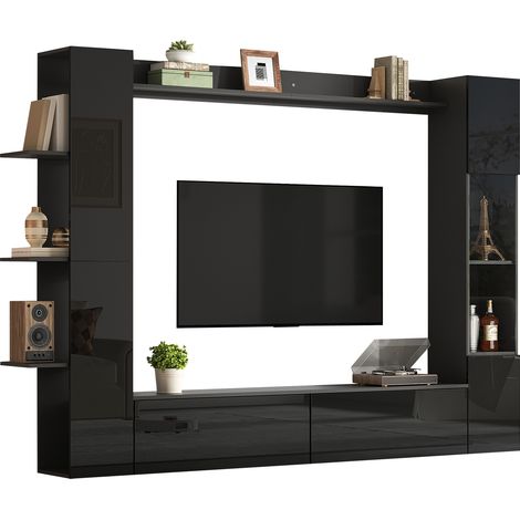 Mueble TV mural con 2 Puertas abatibles, 1 Puerta de acrílico y 4 Nichos, en MDF, Negro, 245 × 30 × 170 cm (1/5)