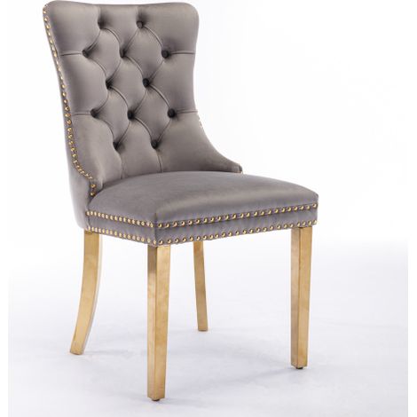 Chaises de salle à manger modernes haut de gamme en bois massif (Design capitonné) — Dotées d'un revêtement en velours de style moderne, de pieds en acier inoxydable plaqué or et d'accents cloutés  Lo