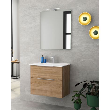 Mueble de Baño Suspendido Fondo Reducido 2 Cajones con Cierre Amortiguado y Lavabo Cerámico 60 cm Roble Natural - Cromo (1/5)