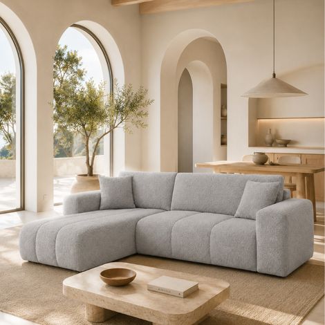 TALIO - Canapé d'angle convertible en tissu bouclette - 4 places - 245 cm - Gris clair (1/3)