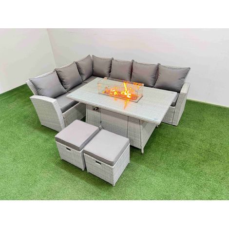 Fimous 8 Seat Rattan Garden Furniture Corner Sofa Set Outdoor Gas Fire Pit Table Sets with 2 Small Footstools Light Grey (1/5)