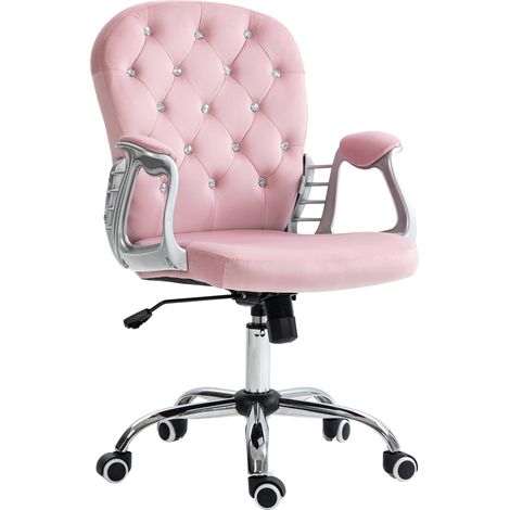 Chaise de bureau en velours rose, réglable en hauteur, avec accoudoirs et ornements en forme de diamant, 59,5 x 60,5 x 93-103 cm (1/5)