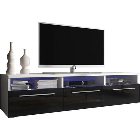Mueble TV Uva I, Blanco + Negro brillante, Número de puertas: 3, Número de cajones: 0, 150x35x46cm, LED