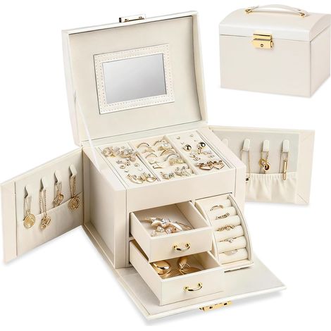 Grand rangement de bijoux verrouillable en cuir avec miroir - 3 étages et 2 tiroirs pour bagues, boucles d'oreilles, colliers, bracelets - Cadeau pour femme (crème) (1/5)