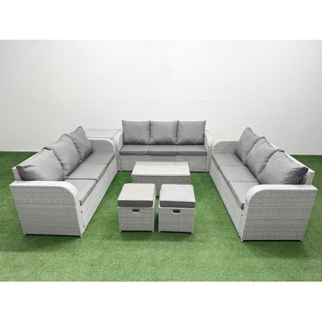 Fimous PE Rattan Lounge Sofa Set 11 Seater Outdoor Garden Furniture Set with Rectangular Coffee Table 3 Seater Sofa 2 Stools Side Table Light Grey (1/5)