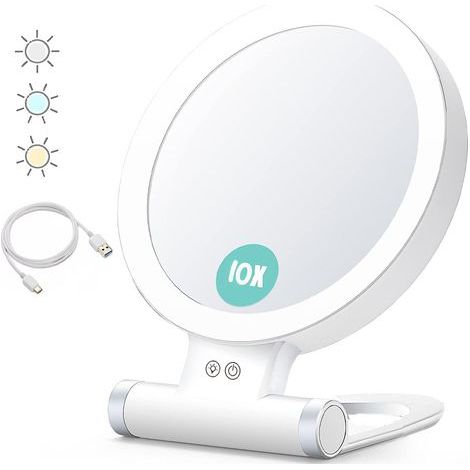 Planet Magnifying Mirror with Light, 10x/1x, Double-Sided, Portable Makeup Mirror, 3-Color Lighting, Adjustable Brightness Touchscreen (1/5)