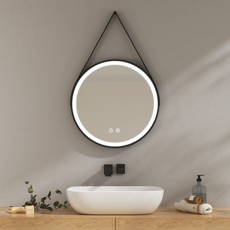 Miroir de salle de bain avec éclairage rond de 50 cm de diamètre, miroir de salle de bain avec cadre noir, 3 couleurs de lumière à intensité variable, fonction mémoire, tactile, arrêt automatique (1/5)