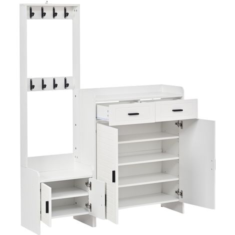 Mueble recibidor blanco con zapatero, 2 cajones, 2 puertas, 6 estantes y 8 ganchos 125x32x165 cm (1/5)