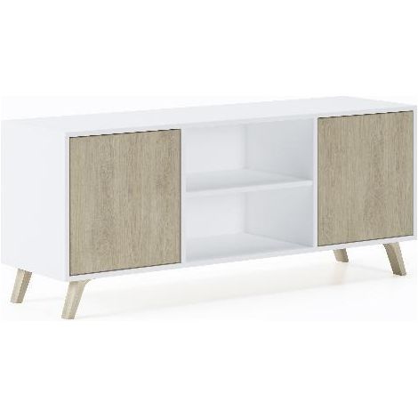 Skraut Home - Mueble TV 140 con 2 puertas, salón comedor, Modelo WIND, color estructura Blanco, color puertas Roble, medidas 137x40x57cm de altura.