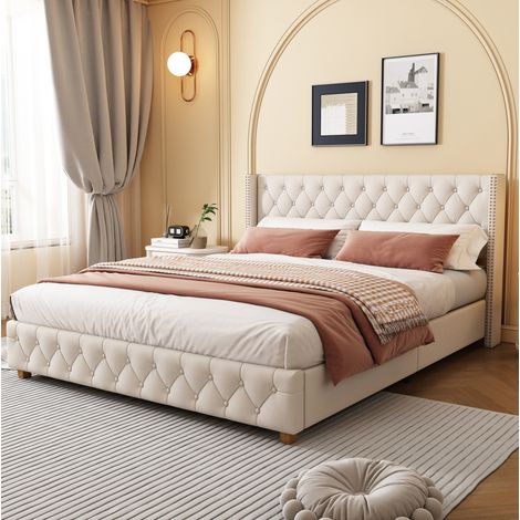Lit capitonné 140x190 cm avec tête de lit à ailes, sommier à lattes, revêtement en lin beige (1/5)