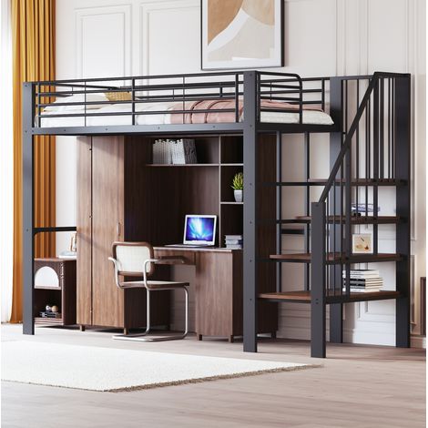 Letto a soppalco moderno 90x200 cm in metallo e legno nero con scala integrata e ampio spazio contenitore sottostante (1/5)
