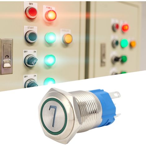 Lot de 2 interrupteurs à bouton-poussoir 5 broches en acier inoxydable, 16 mm, à réarmement automatique, avec voyant et numéro, vert 7220 V CA (1/5)