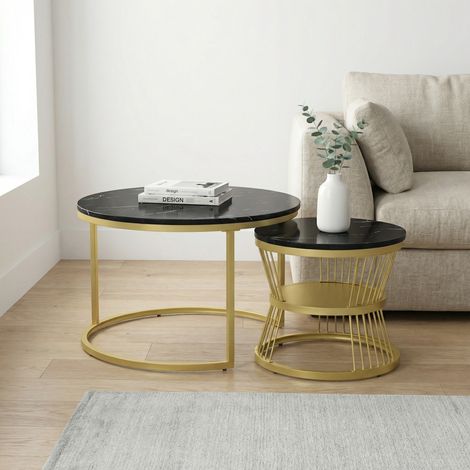 Tavolino da salotto Set di 2, Tavolini sovrapponibili tondi Ø70+45cm, Tavolino da caffè salvaspazio, Effetto marmo e metallo, Stile Moderno, Nero