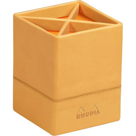 Pot à Crayons Orange - 8 x 8 x 11 cm - Piqûres Sellier Orange - Extérieur Simili Cuir - Organisation de Bureau