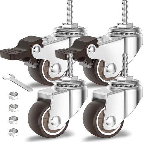4 Roulettes pour meubles 25mm avec freins M6-1 x 20mm roulettes pivotantes à tige filetée - Roulettes charge lourde verrouillables capacité totale 40kg (2 avec freins et 2 sans) (1/5)