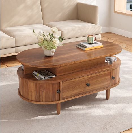 MODFU – Mesa de centro elevable 105x50x60,5 cm de MDF con almacenamiento, cajón y puertas correderas, carga 40 kg – Nogal (1/5)