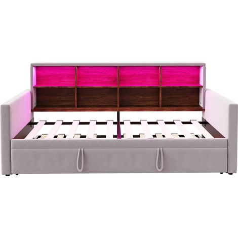 Letto divano convertibile 90x190 cm in velluto grigio chiaro con LED e prese (1/5)