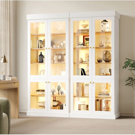 Vitrina alta blanca 160 x 40 x 180 cm con iluminación LED, puertas de cristal y estantes MDF (1/5)