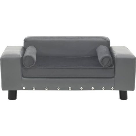 Canapé gris pour chien, mesurant 81x43x31 cm, en peluche et simili cuir. (1/4)