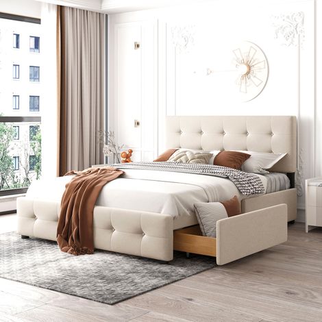 MEUBLIV Cama 140x200 cm beige - 4 cajones y cabecero, sin colchón (1/5)