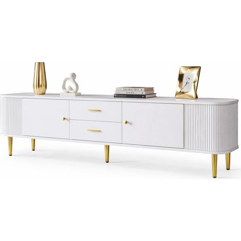 Mobile TV bianco 170 cm con 2 cassetti e 2 ante, angoli arrotondati, lati ondulati, maniglie e gambe dorate, in MDF, per salotto moderno CHICFURN (1/5)