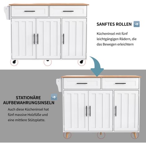 Chariot buffet blanc 129x46(71)x91,5cm table pliante,étagères intérieures,5 roues,placards et 2 tiroirs pour salle à manger.