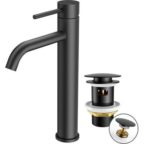 Robinet de Lavabo pour Salle de Bain avec Bonde de Vidage, Mitigeur Haut en Noir avec Hauteur de Bec de 190 mm, Mitigeur à Levier Unique pour Lavabo dans la Salle de Bain (1/5)