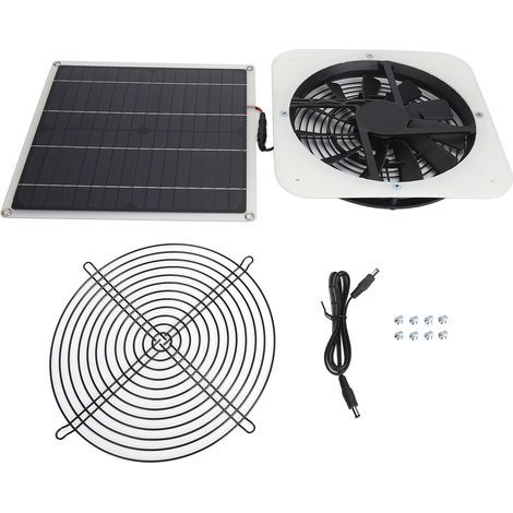 Kit de ventilateur de panneau solaire, ventilateur d'extraction solaire 100W, panneau à énergie solaire avec ventilateur rond de 10 pouces pour serre, hangar, poulailler, blanc (1/5)