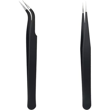 Lot de 2 Pinces à épiler Acier inoxydable Pointes droites et incurvées Extension cils Nail art Artisanat