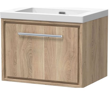 Longnor 1 Drawer Wall Hung Vanity Unit with 1 Tap Hole Modern Fireclay Basin, Light Oak, 600mm