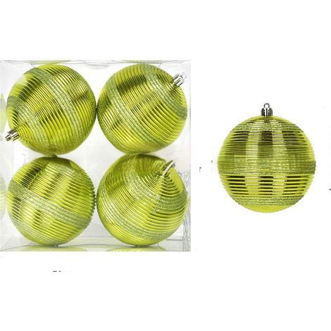 Boule De Décoration De Noël - 10 Cm - En Plastique - Design Rayé - Vert Rouge Bleu Violet - Lot De 4 (1/5)