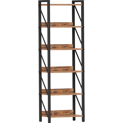 Bibliothèque à 6 Niveaux, Étagère d’Angle Industrielle, Présentoir avec Rangement, Cadre métallique, pour Salon, Chambre, Bureau, Cuisine, entrée, Marron Rustique et Noir (1/5)