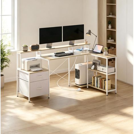 Scrivania angolare con LED RGB, prese, supporto monitor e 2 cassetti bianca DESVIAE (1/5)